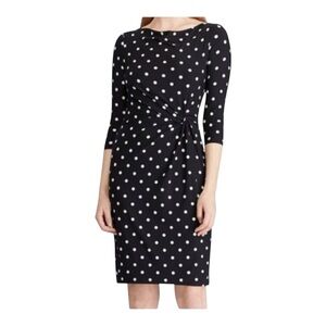 Lauren Ralph Lauren Polkadot Black Beige Dress Stretch Ruched Ruffle 4 Classic
